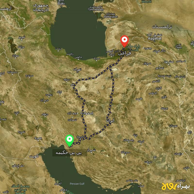 مسافت و فاصله فراغی - گلستان تا بی بی حکیمه - کهگیلویه و بویر احمد از ۲ مسیر - مهر ۱۴۰۳