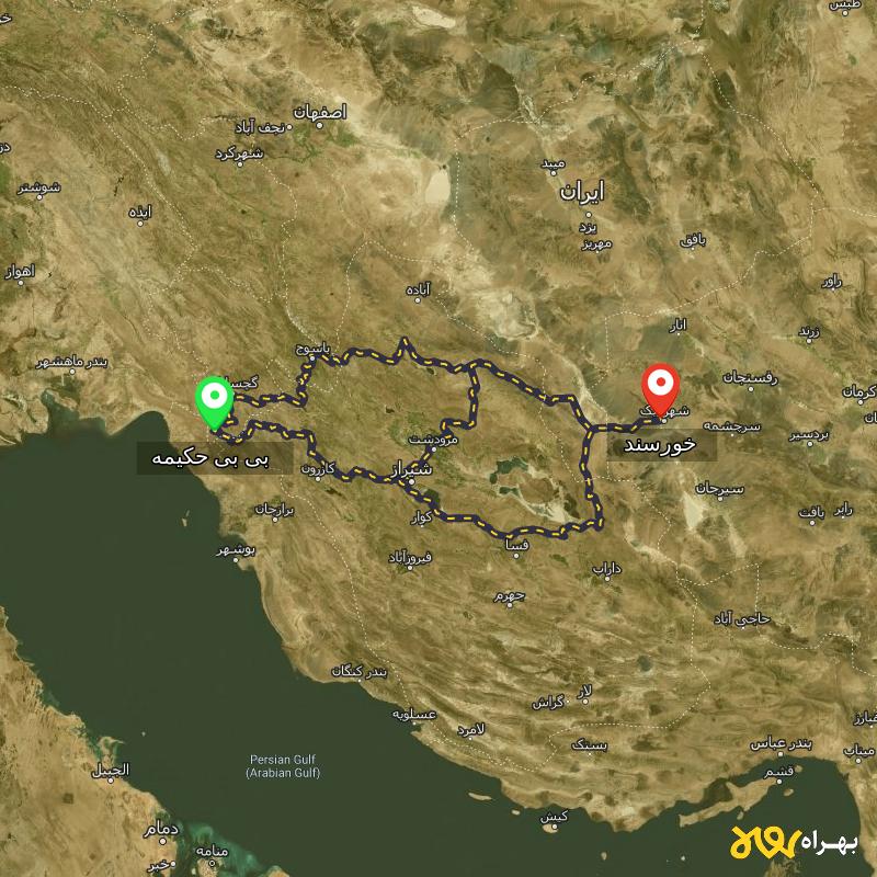 مسافت و فاصله خورسند - کرمان تا بی بی حکیمه - کهگیلویه و بویر احمد از ۳ مسیر - شهریور ۱۴۰۳