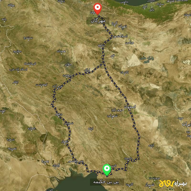 مسافت و فاصله مهرگان - قزوین تا بی بی حکیمه - کهگیلویه و بویر احمد از ۲ مسیر - آذر ۱۴۰۳