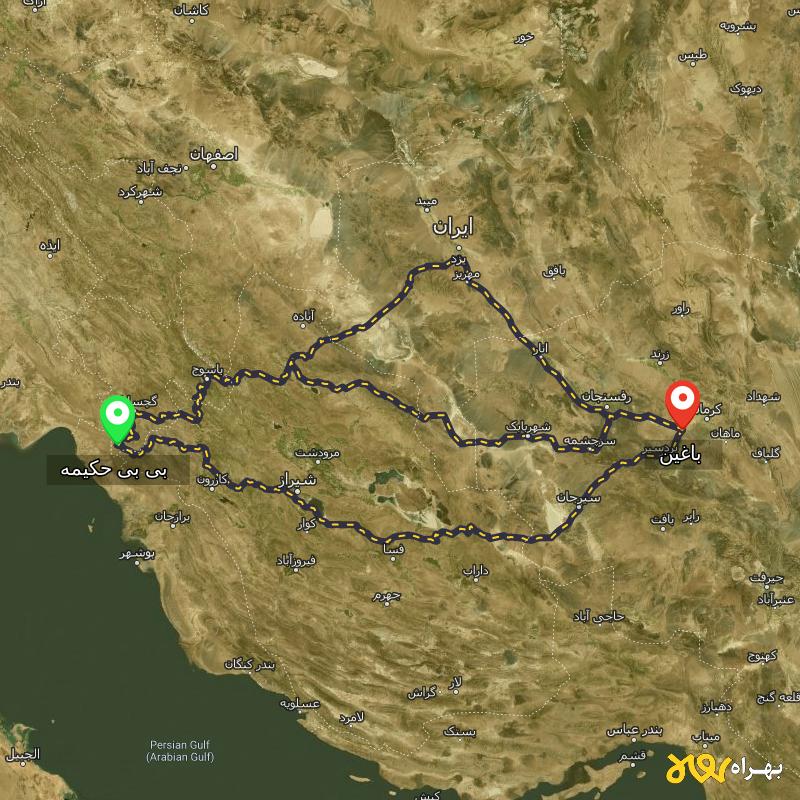 مسافت و فاصله باغین - کرمان تا بی بی حکیمه - کهگیلویه و بویر احمد از ۳ مسیر - آذر ۱۴۰۳