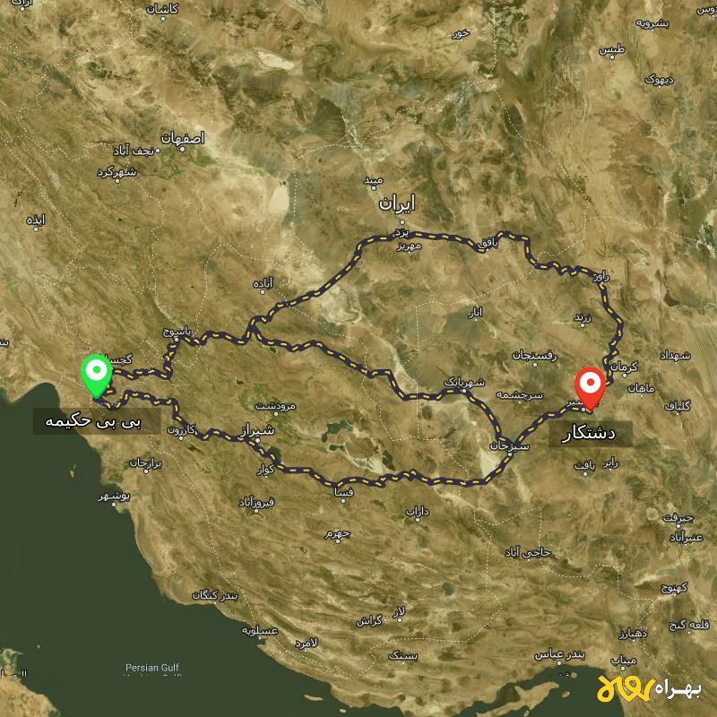 مسافت و فاصله دشتکار - کرمان تا بی بی حکیمه - کهگیلویه و بویر احمد از ۳ مسیر - شهریور ۱۴۰۳