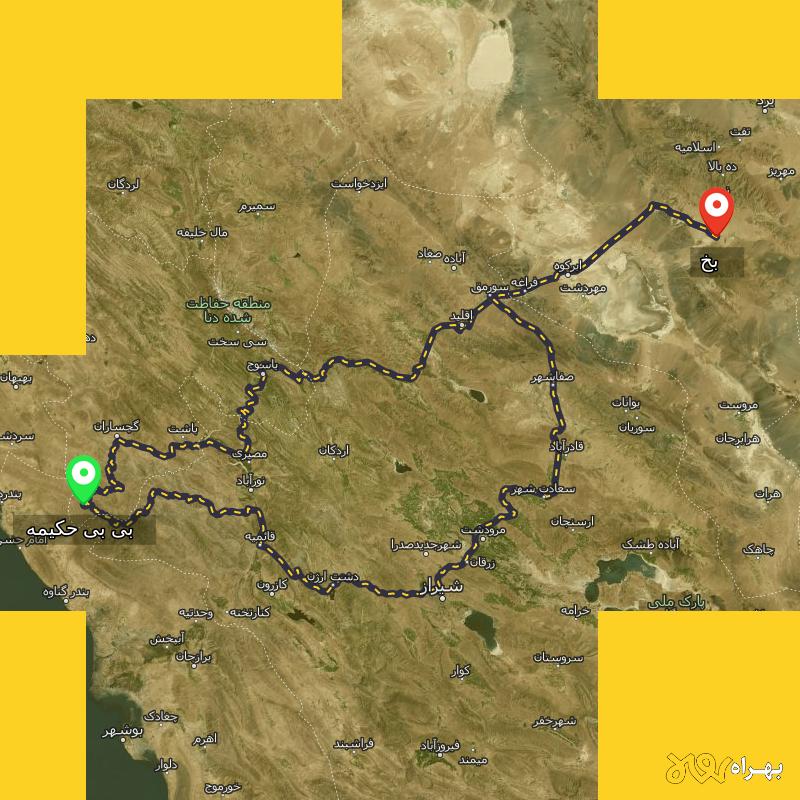 مسافت و فاصله بخ - یزد تا بی بی حکیمه - کهگیلویه و بویر احمد از ۲ مسیر - اردیبهشت ۱۴۰۳