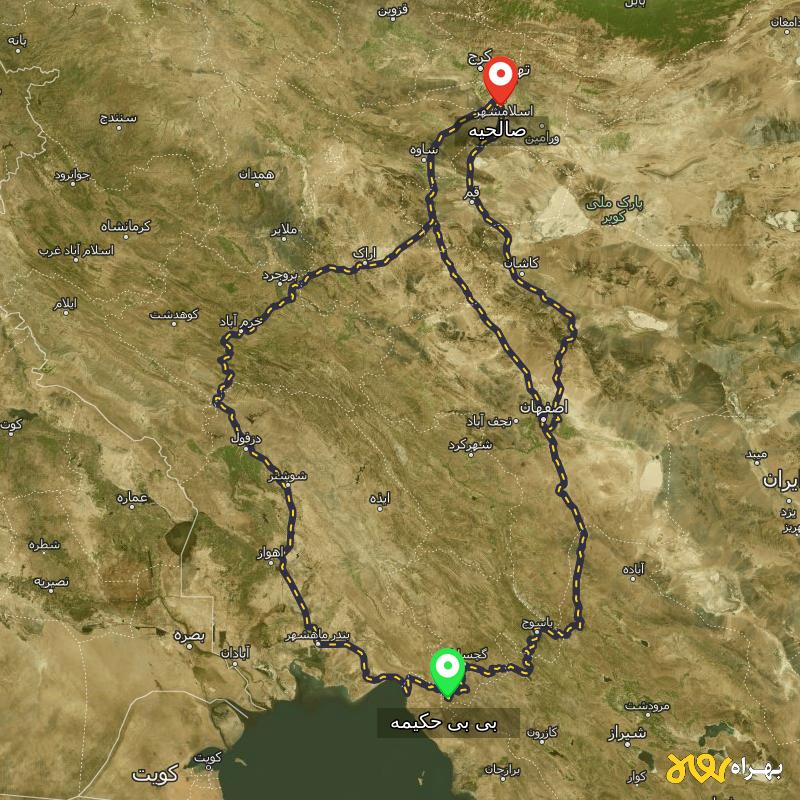 مسافت و فاصله صالحیه - تهران تا بی بی حکیمه - کهگیلویه و بویر احمد از ۳ مسیر - شهریور ۱۴۰۳