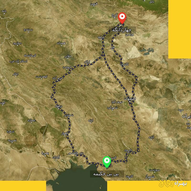 مسافت و فاصله چهاردانگه - تهران تا بی بی حکیمه - کهگیلویه و بویر احمد از ۳ مسیر - دی ۱۴۰۳