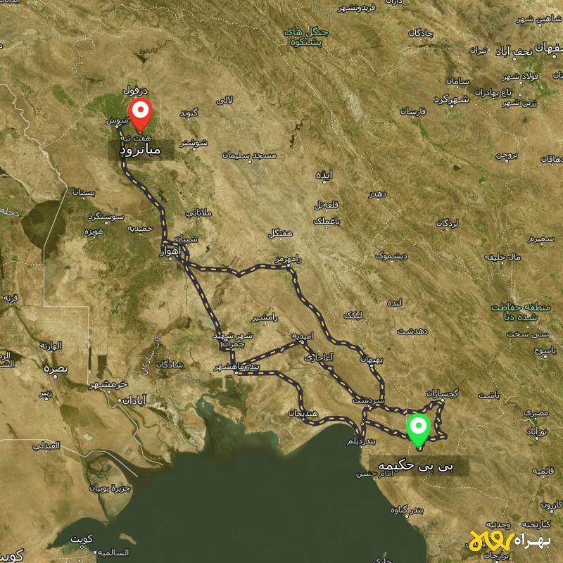 مسافت و فاصله میانرود - خوزستان تا بی بی حکیمه - کهگیلویه و بویر احمد از ۳ مسیر - شهریور ۱۴۰۳
