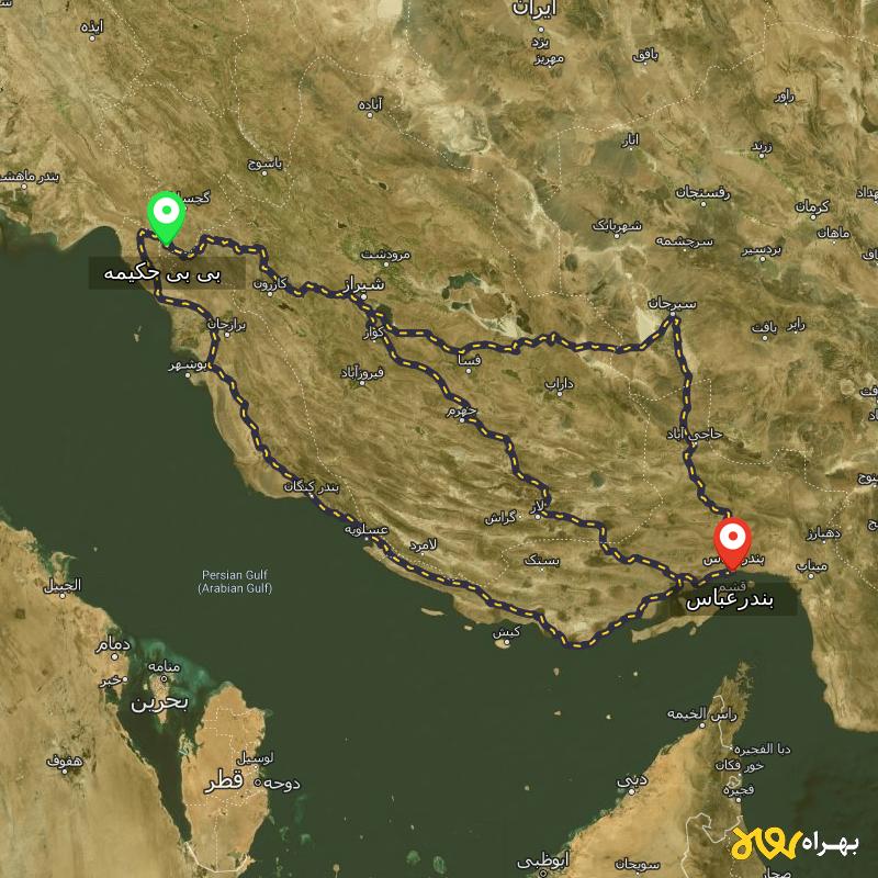 مسافت و فاصله بندرعباس تا بی بی حکیمه - کهگیلویه و بویر احمد از ۳ مسیر - مرداد ۱۴۰۳