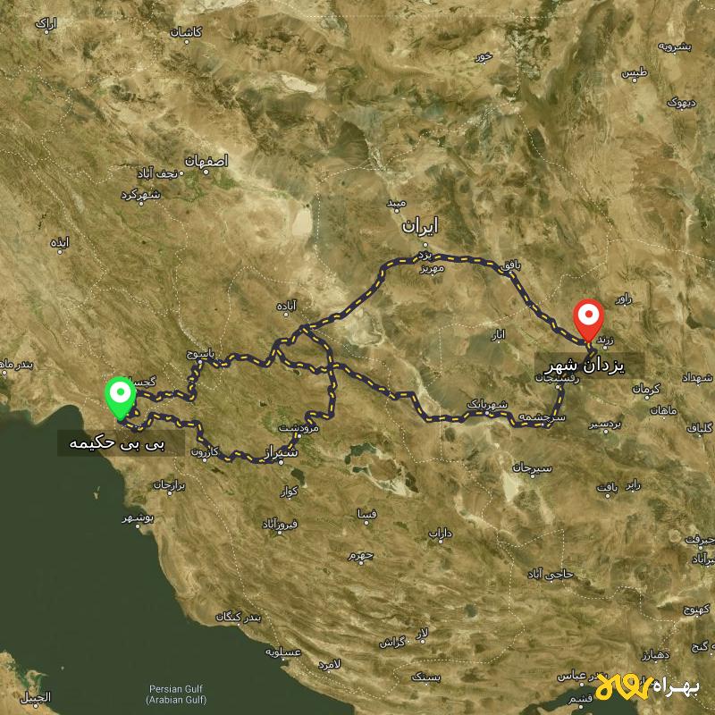 مسافت و فاصله یزدان شهر - کرمان تا بی بی حکیمه - کهگیلویه و بویر احمد از ۳ مسیر - آذر ۱۴۰۳