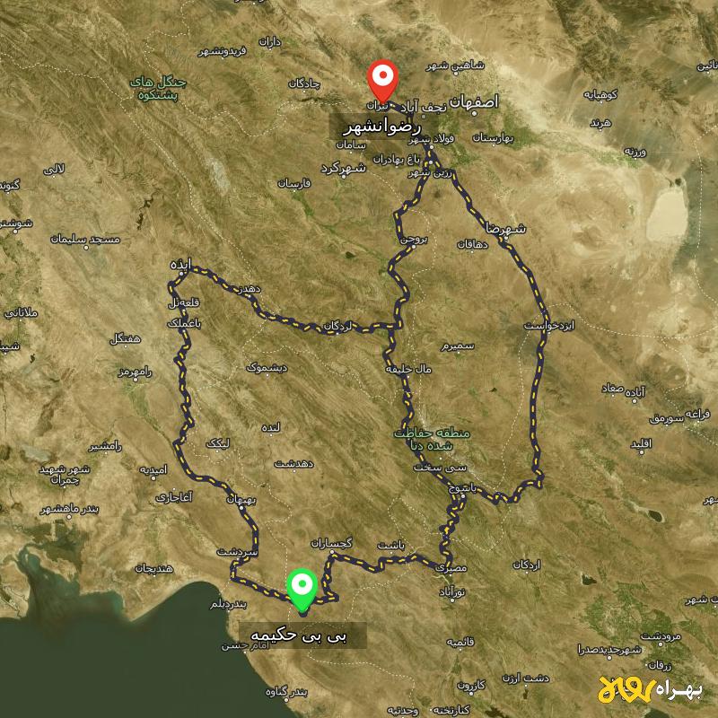 مسافت و فاصله رضوانشهر - اصفهان تا بی بی حکیمه - کهگیلویه و بویر احمد از ۳ مسیر - آذر ۱۴۰۳