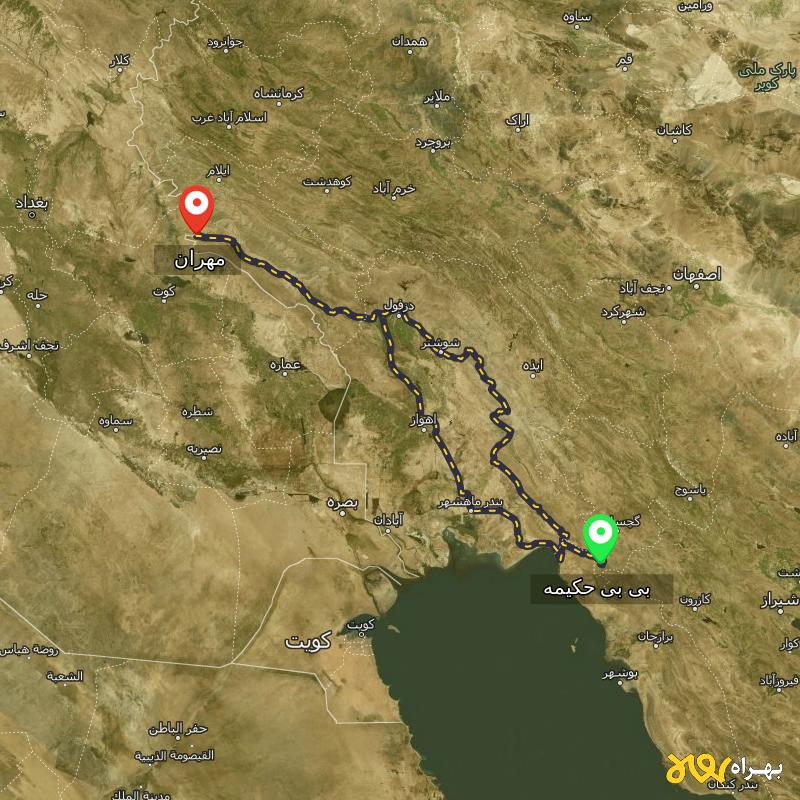 مسافت و فاصله مهران - ایلام تا بی بی حکیمه - کهگیلویه و بویر احمد از ۲ مسیر - آذر ۱۴۰۳