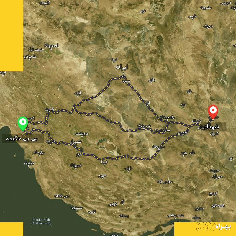 مسافت و فاصله شهداد - کرمان تا بی بی حکیمه - کهگیلویه و بویر احمد از ۳ مسیر - بهمن ۱۴۰۳