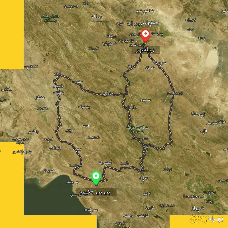 مسافت و فاصله زیباشهر - اصفهان تا بی بی حکیمه - کهگیلویه و بویر احمد از ۳ مسیر - شهریور ۱۴۰۳