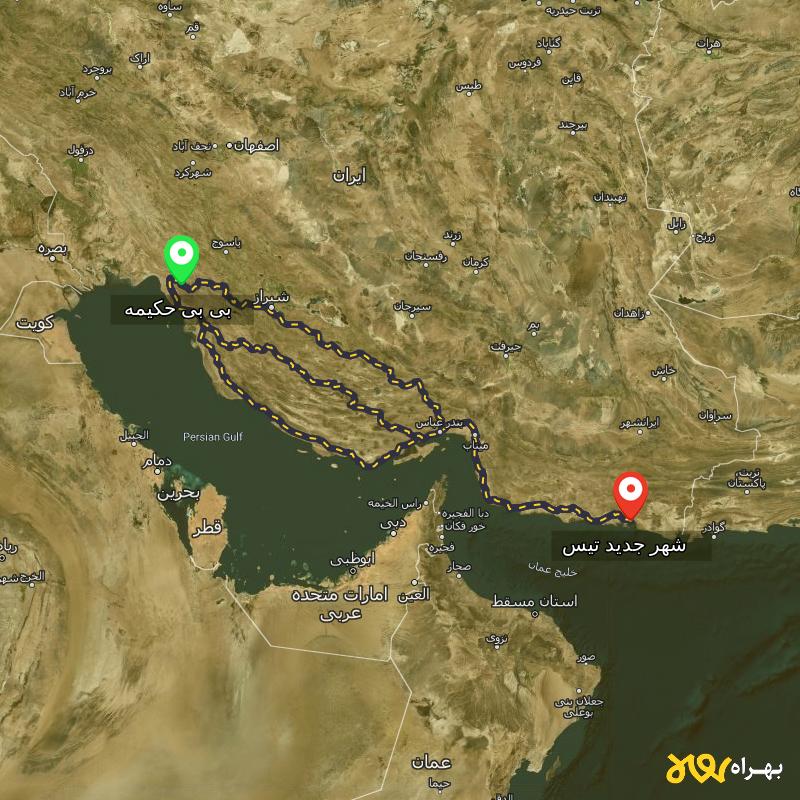 مسافت و فاصله شهر جدید تیس - سیستان و بلوچستان تا بی بی حکیمه - کهگیلویه و بویر احمد از ۳ مسیر - دی ۱۴۰۳