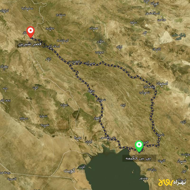 مسافت و فاصله قصر شیرین - کرمانشاه تا بی بی حکیمه - کهگیلویه و بویر احمد از ۲ مسیر - بهمن ۱۴۰۳