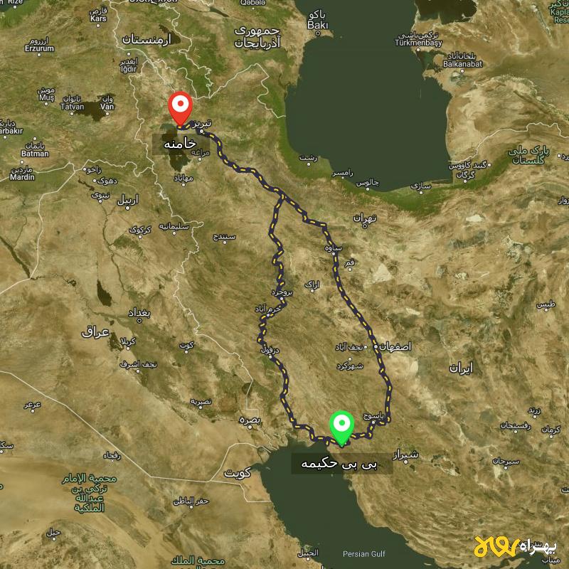 مسافت و فاصله خامنه - آذربایجان شرقی تا بی بی حکیمه - کهگیلویه و بویر احمد از ۲ مسیر - آذر ۱۴۰۳