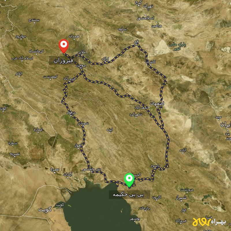 مسافت و فاصله فیروزان - همدان تا بی بی حکیمه - کهگیلویه و بویر احمد از ۳ مسیر - آبان ۱۴۰۳
