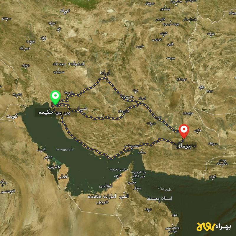 مسافت و فاصله بزمان - سیستان و بلوچستان تا بی بی حکیمه - کهگیلویه و بویر احمد از ۳ مسیر - مرداد ۱۴۰۳