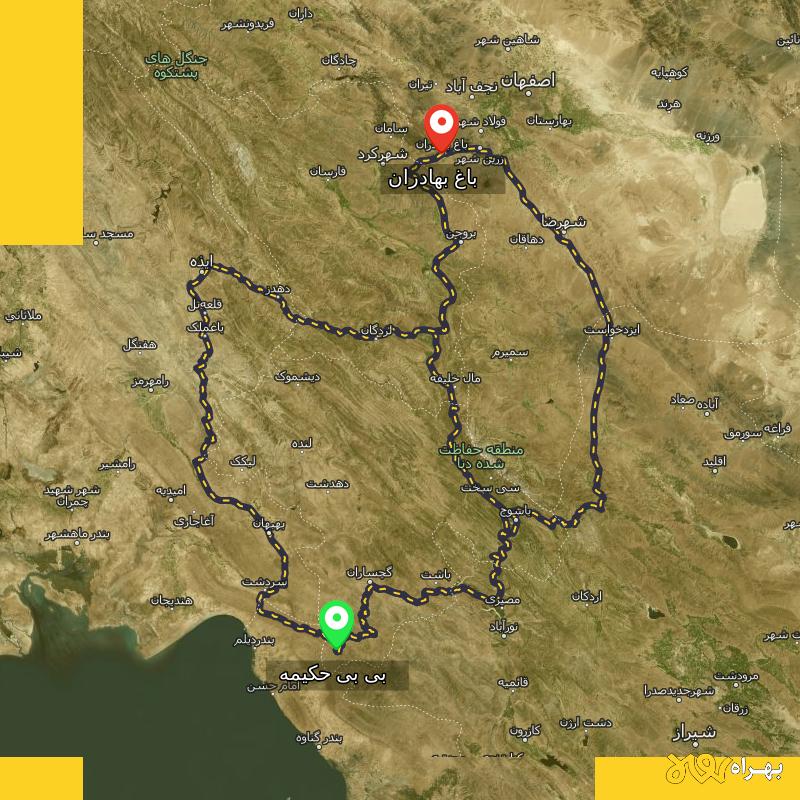 مسافت و فاصله باغ بهادران - اصفهان تا بی بی حکیمه - کهگیلویه و بویر احمد از ۳ مسیر - آذر ۱۴۰۳
