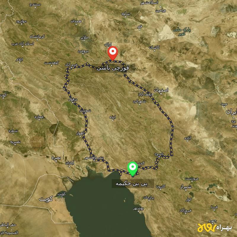 مسافت و فاصله قورچی باشی - مرکزی تا بی بی حکیمه - کهگیلویه و بویر احمد از ۲ مسیر - بهمن ۱۴۰۳