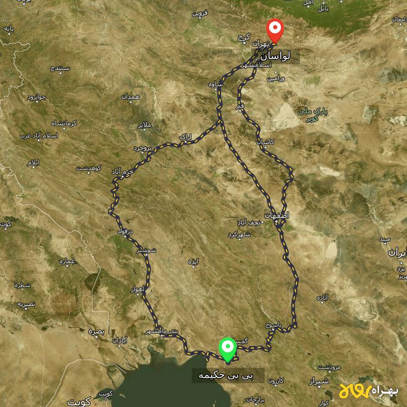 مسافت و فاصله لواسان - تهران تا بی بی حکیمه - کهگیلویه و بویر احمد از ۳ مسیر - شهریور ۱۴۰۳