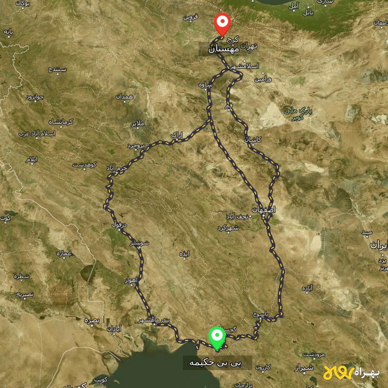 مسافت و فاصله مهستان تا بی بی حکیمه - کهگیلویه و بویر احمد از ۳ مسیر - آذر ۱۴۰۳
