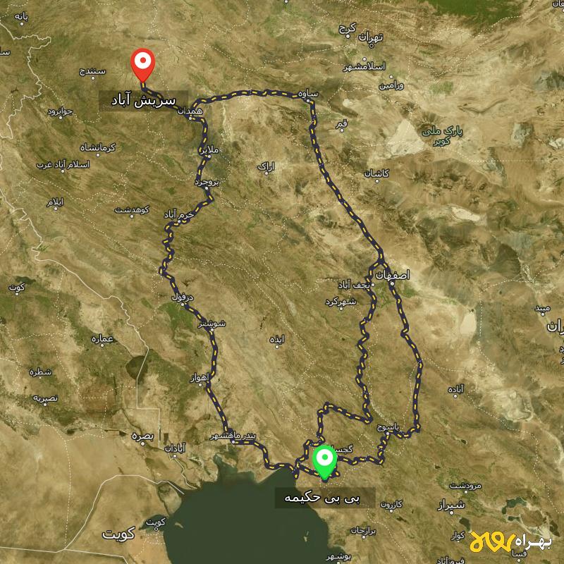مسافت و فاصله سریش آباد - کردستان تا بی بی حکیمه - کهگیلویه و بویر احمد از ۳ مسیر - دی ۱۴۰۳