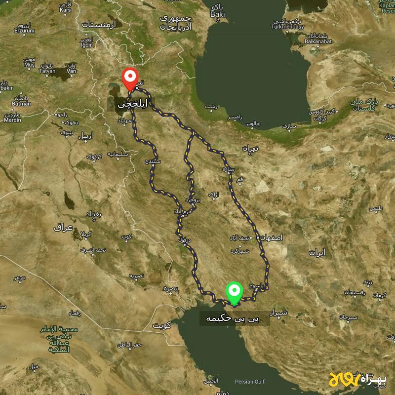 مسافت و فاصله ایلخچی - آذربایجان شرقی تا بی بی حکیمه - کهگیلویه و بویر احمد از ۳ مسیر - آذر ۱۴۰۳