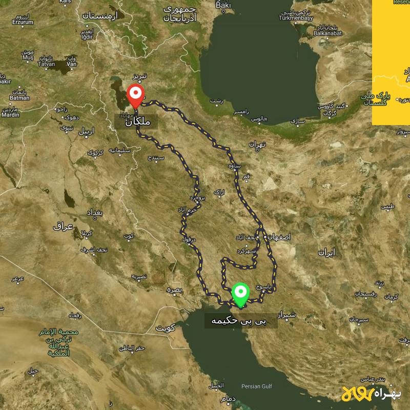 مسافت و فاصله ملکان - آذربایجان شرقی تا بی بی حکیمه - کهگیلویه و بویر احمد از ۳ مسیر - آذر ۱۴۰۳