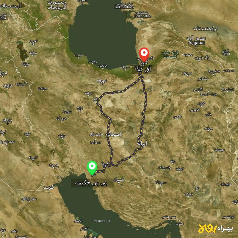 مسافت و فاصله آق قلا - گلستان تا بی بی حکیمه - کهگیلویه و بویر احمد از ۲ مسیر - شهریور ۱۴۰۳
