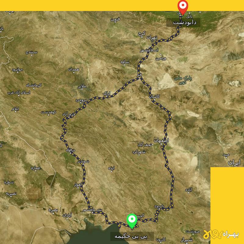 مسافت و فاصله دابودشت - مازندران تا بی بی حکیمه - کهگیلویه و بویر احمد از ۲ مسیر - شهریور ۱۴۰۳