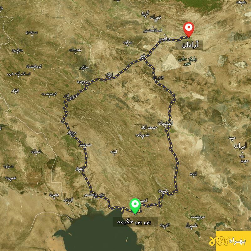 مسافت و فاصله آرادان - سمنان تا بی بی حکیمه - کهگیلویه و بویر احمد از ۲ مسیر - دی ۱۴۰۳