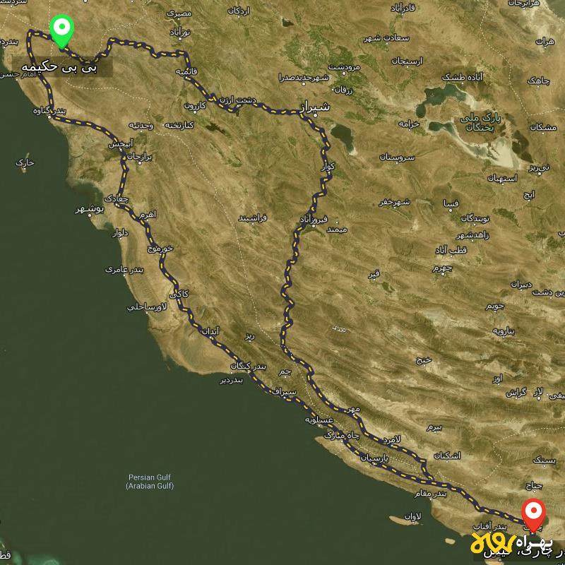 مسافت و فاصله بندر چارک، کیش - هرمزگان تا بی بی حکیمه - کهگیلویه و بویر احمد از ۲ مسیر - مهر ۱۴۰۳