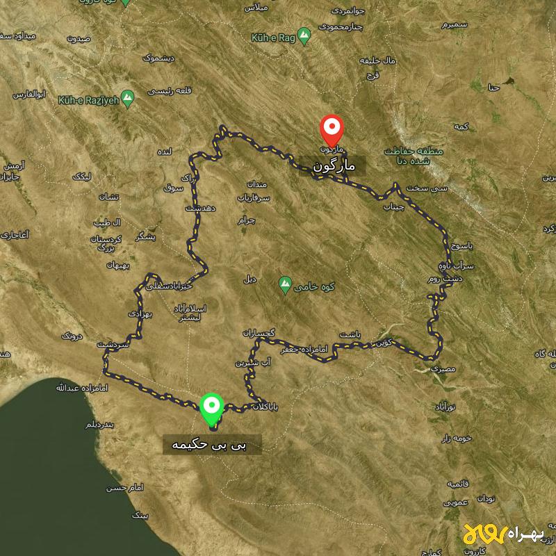 مسافت و فاصله مارگون - کهگیلویه و بویر احمد تا بی بی حکیمه - کهگیلویه و بویر احمد از ۲ مسیر - آبان ۱۴۰۳