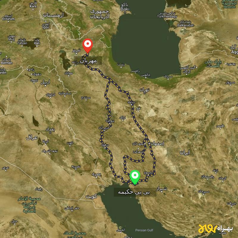 مسافت و فاصله مهربان - آذربایجان شرقی تا بی بی حکیمه - کهگیلویه و بویر احمد از ۳ مسیر - شهریور ۱۴۰۳