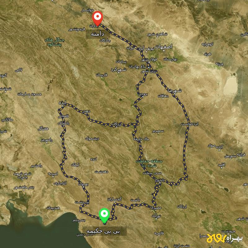 مسافت و فاصله دامنه - اصفهان تا بی بی حکیمه - کهگیلویه و بویر احمد از ۳ مسیر - دی ۱۴۰۳