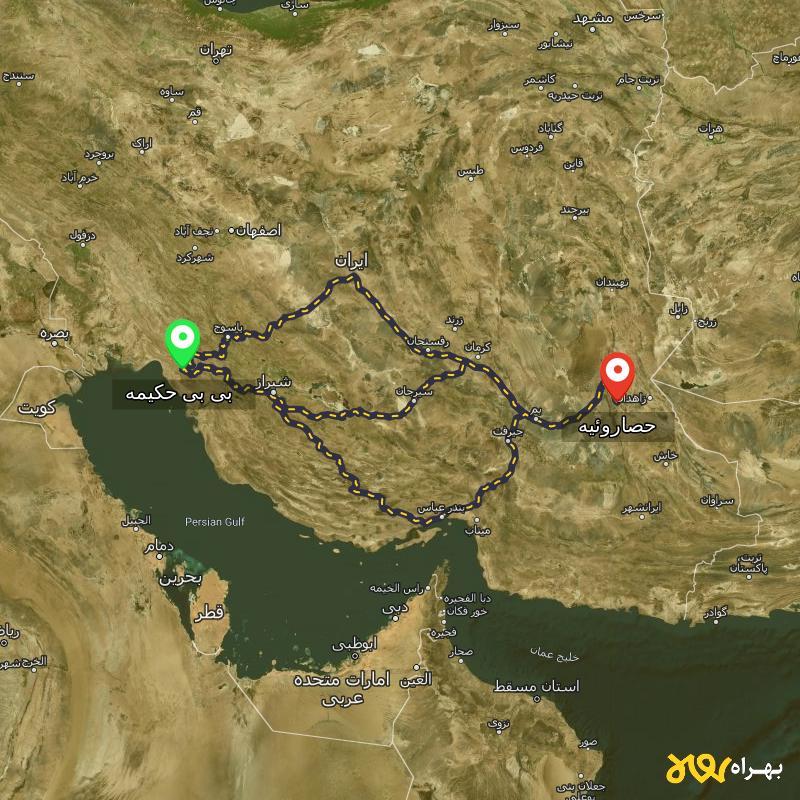 مسافت و فاصله حصاروئیه - سیستان و بلوچستان تا بی بی حکیمه - کهگیلویه و بویر احمد از ۳ مسیر - شهریور ۱۴۰۳