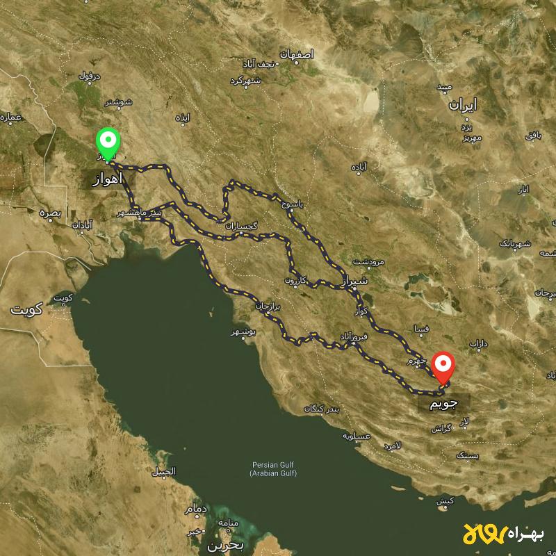 مسافت و فاصله جویم - فارس تا اهواز از ۳ مسیر - مرداد ۱۴۰۳