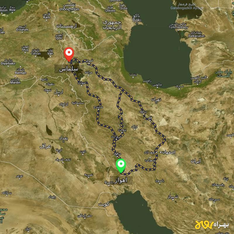 مسافت و فاصله سلماس - آذربایجان غربی تا اهواز از ۳ مسیر - اردیبهشت ۱۴۰۳