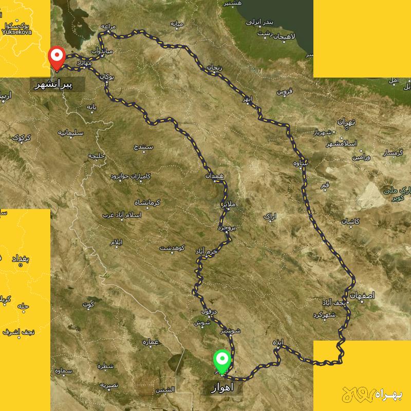 مسافت و فاصله پیرانشهر - آذربایجان غربی تا اهواز از ۲ مسیر - اردیبهشت ۱۴۰۳