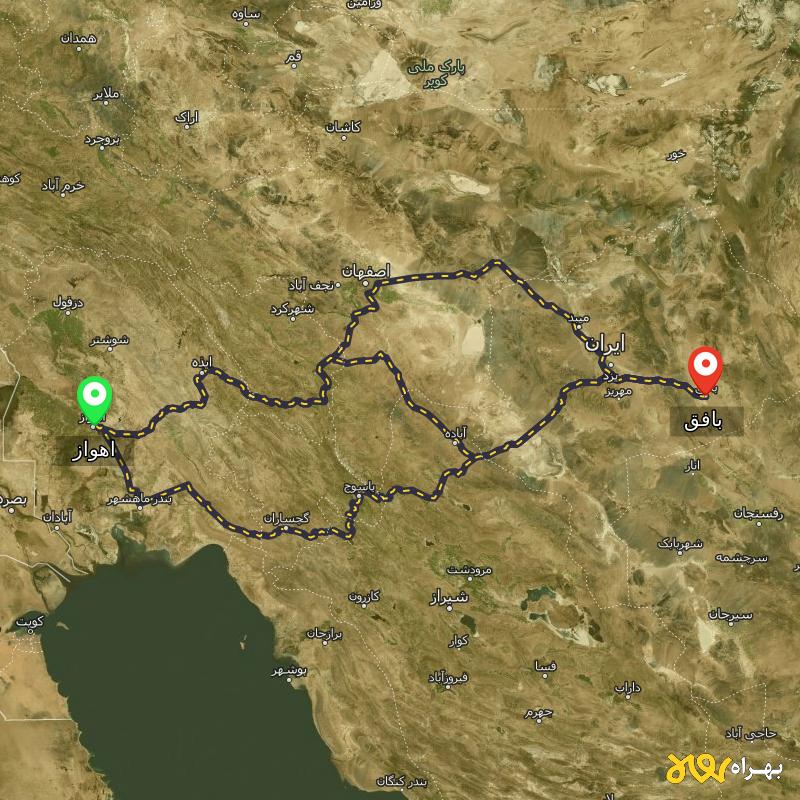 مسافت و فاصله بافق - یزد تا اهواز از ۳ مسیر - اردیبهشت ۱۴۰۳