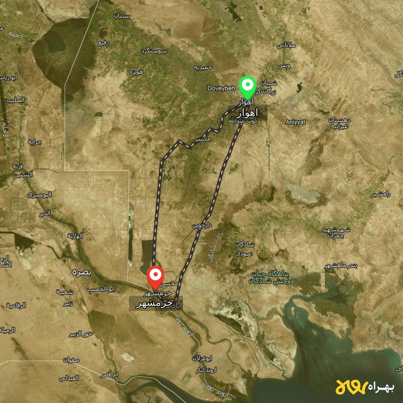 مسافت و فاصله خرمشهر - خوزستان تا اهواز از ۲ مسیر - اردیبهشت ۱۴۰۳