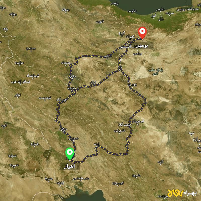مسافت و فاصله بومهن - تهران تا اهواز از ۳ مسیر - آبان ۱۴۰۳