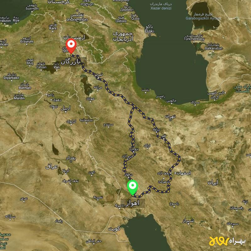 مسافت و فاصله بازرگان - آذربایجان غربی تا اهواز از ۲ مسیر - اردیبهشت ۱۴۰۳