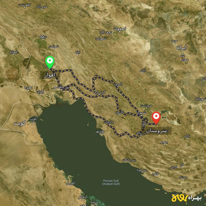 مسافت و فاصله سروستان - فارس تا اهواز از ۳ مسیر - آبان ۱۴۰۳