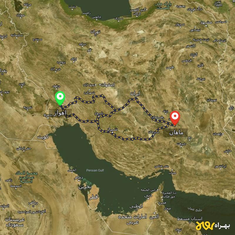 مسافت و فاصله ماهان - کرمان تا اهواز از ۳ مسیر - آذر ۱۴۰۳