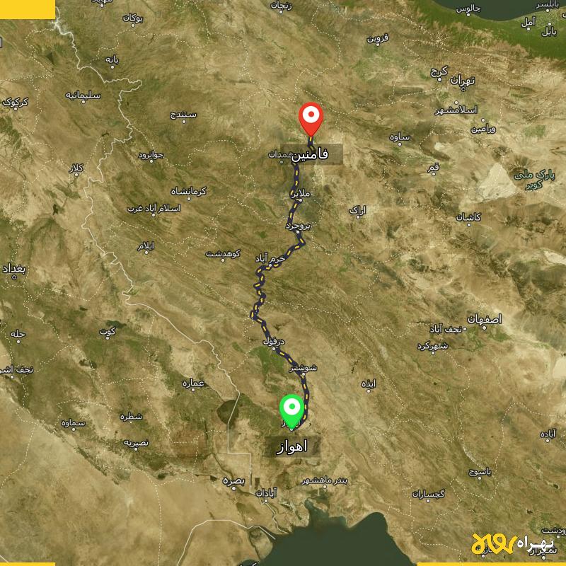 مسافت و فاصله فامنین - همدان تا اهواز - آبان ۱۴۰۳