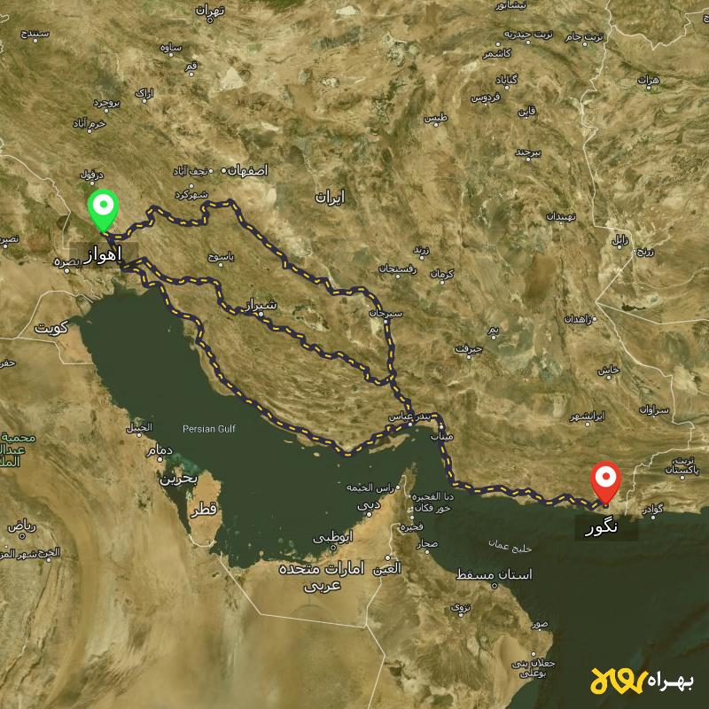 مسافت و فاصله نگور - سیستان و بلوچستان تا اهواز از ۳ مسیر - مرداد ۱۴۰۳