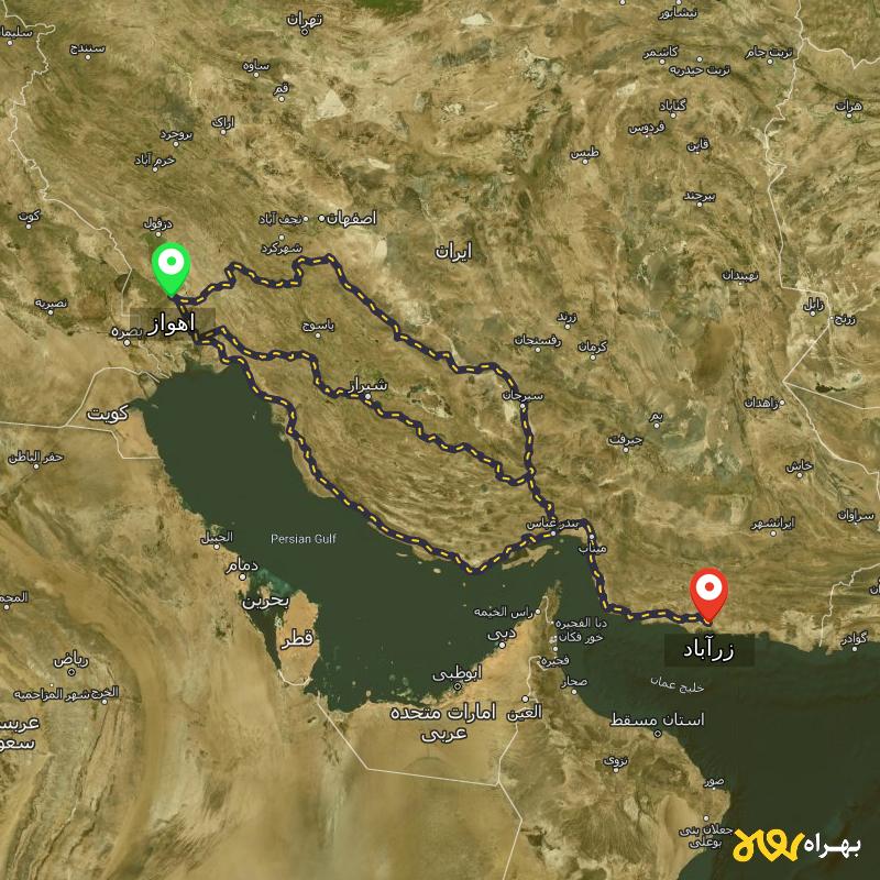 مسافت و فاصله زرآباد - سیستان و بلوچستان تا اهواز از ۳ مسیر - بهمن ۱۴۰۳