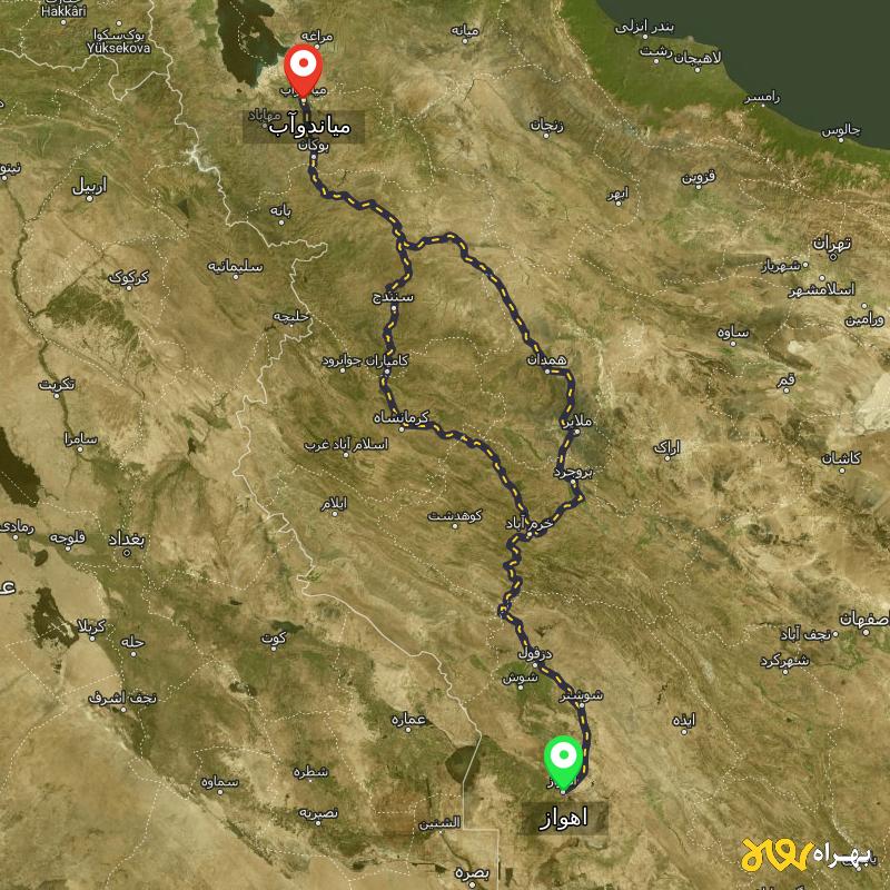 مسافت و فاصله میاندوآب - آذربایجان غربی تا اهواز از 2 مسیر - مسیریاب بهراه