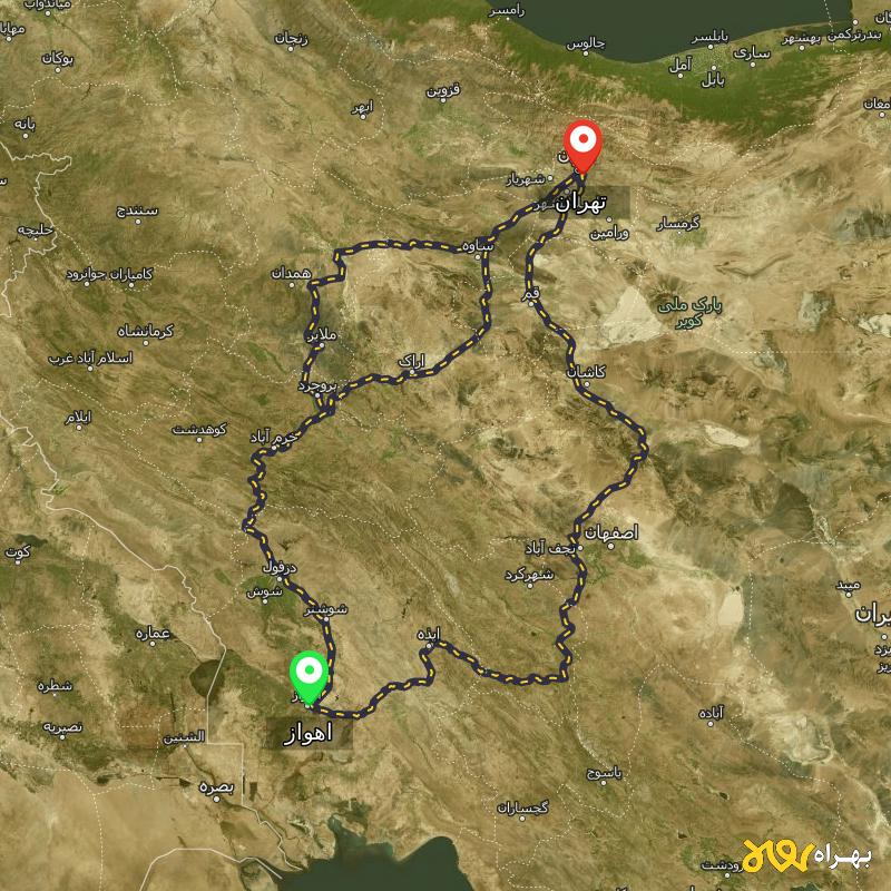 مسافت و فاصله تهران تا اهواز از ۳ مسیر - مرداد ۱۴۰۳