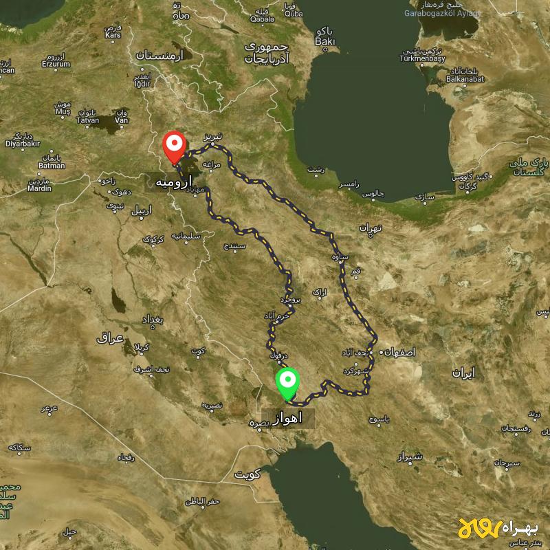 مسافت و فاصله ارومیه تا اهواز از ۲ مسیر - مهر ۱۴۰۳